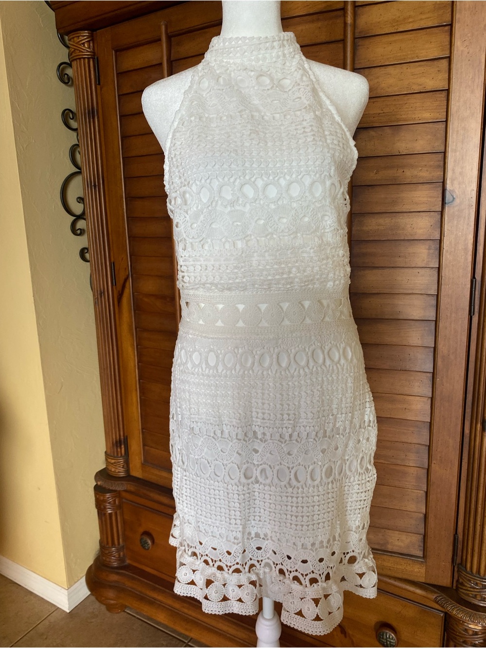 White Crochet Halter Mini Dress - Sleeveless Women's Summer Dress